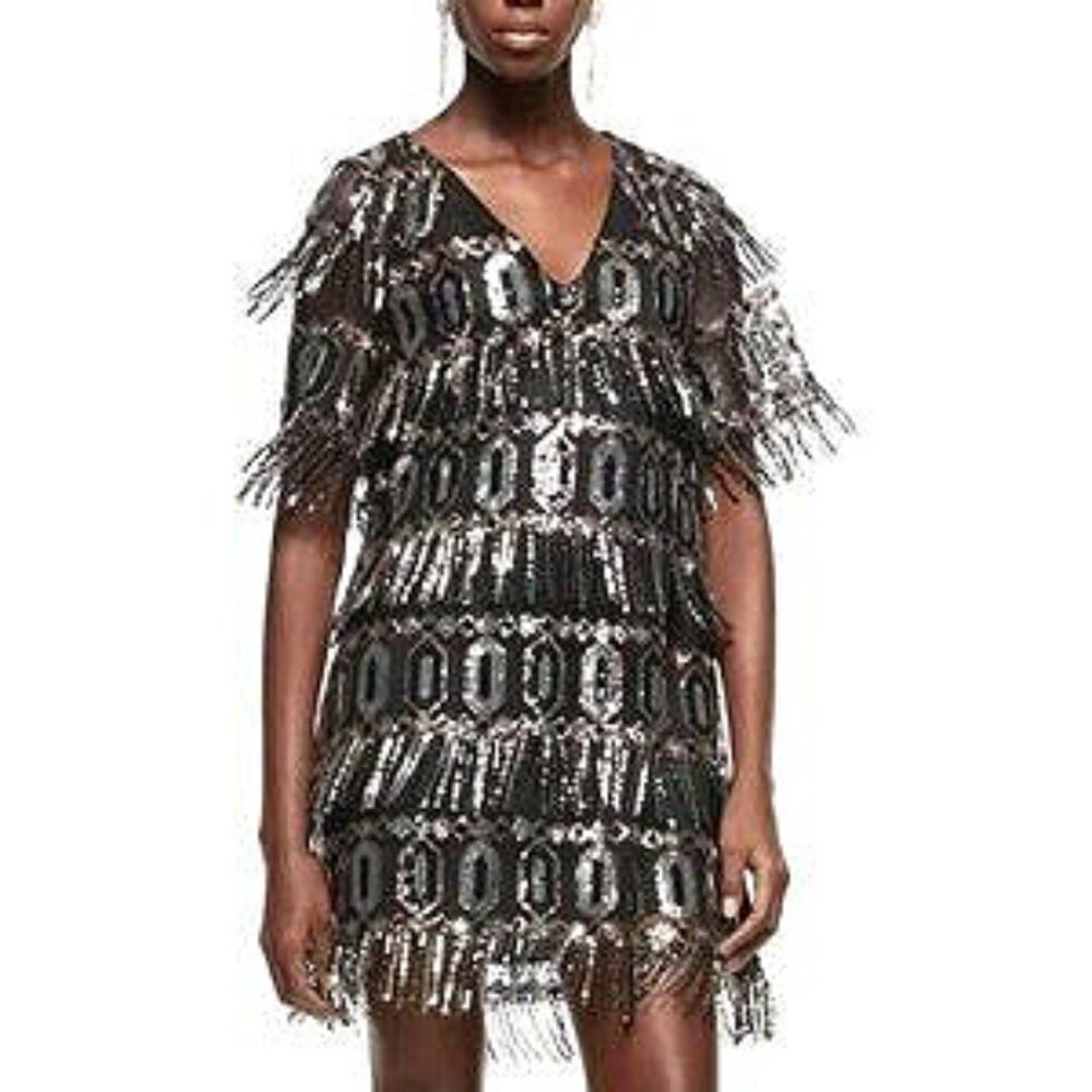Zara Black and Silver Fringe Midi Dress